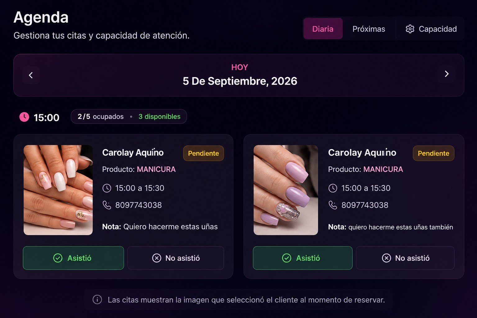 Panel de reservas de AGENDIARD donde un negocio puede ver clientes, horarios, servicios e imágenes seleccionadas al reservar